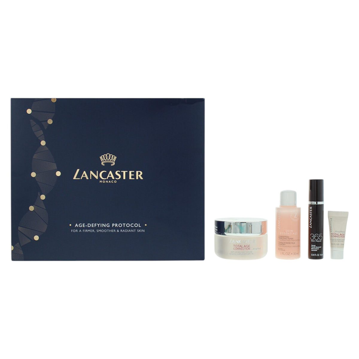 Set Lancaster: Skin Essentials, Hydration, Cleansing Toner, 30 ml + Total Age Correction, Anti Aging, Κρέμα Ημέρας Για το Πρόσωπο, 15 SPF, 50 ml + Total Age Correction, Lightens skin, Ορός Προσώπου, 3 ml + Total Age Correction, Anti Aging