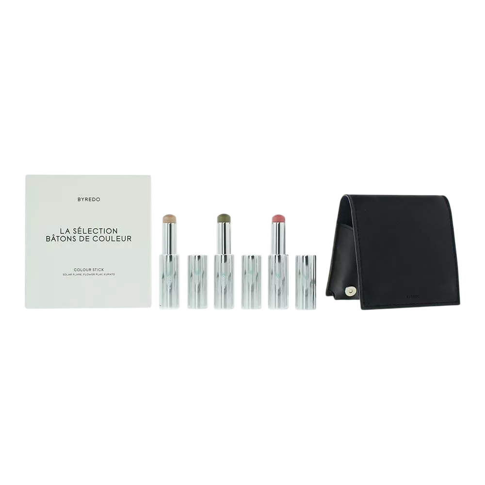Dark Blue Set Byredo: Colour Stick, Multifunctional, Eyeshadow Stick, 509, Solar Flare, 3.5 g + Colour Stick, Multifunctional, Eyeshadow Stick, Kumato Face, 3.5 g + Colour Stick, Multifunctional, Eyeshadow Stick, Flower Play, 3.5 g + Byredo, GWP Leather P