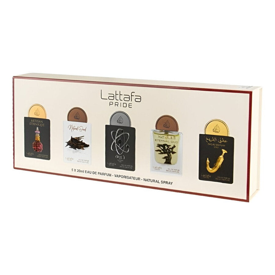 Set Lattafa: Artisan Ethnique, Eau De Parfum, Γυναικείο, 20 ml + Natural Oud, Eau De Parfum, Γυναικείο, 20 ml + Tharwah Silver, Eau De Parfum, Γυναικείο, 20 ml + Eternal Oud, Eau De Parfum, Γυναικείο, 20 ml + Shuyukh Gold, Eau De Parfum, Γυναικείο, 20 ml