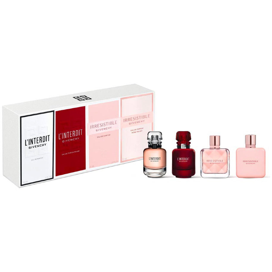 Set Givenchy: L'Interdit, Eau De Parfum, Γυναικείο, 10 ml *Miniature + L' Interdit Rouge, Eau De Parfum, Γυναικείο, 10 ml *Miniature + Irresistible, Eau De Parfum, Γυναικείο, 8 ml *Miniature + Irresistible Rose Velvet, Eau De Parfum, Γυναικείο, 8 ml *Mini