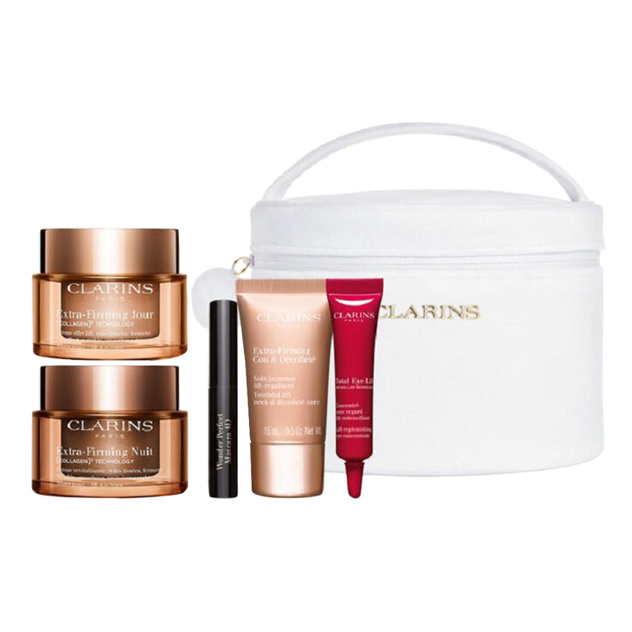 Set Clarins: Extra-Σύσφιξης, Αντιγήρανσης, Κρέμα Ημέρας Για το Πρόσωπο, 50 ml + Extra-Σύσφιξης, Αντιρυτιδική, Κρέμα Νύχτας Για το Πρόσωπο, 50 ml + Extra-Σύσφιξης, Σύσφιξης, Cream, Για τον Λαιμό & Decollete, 15 ml + Total Eye, Lift, Ορός Ματιών