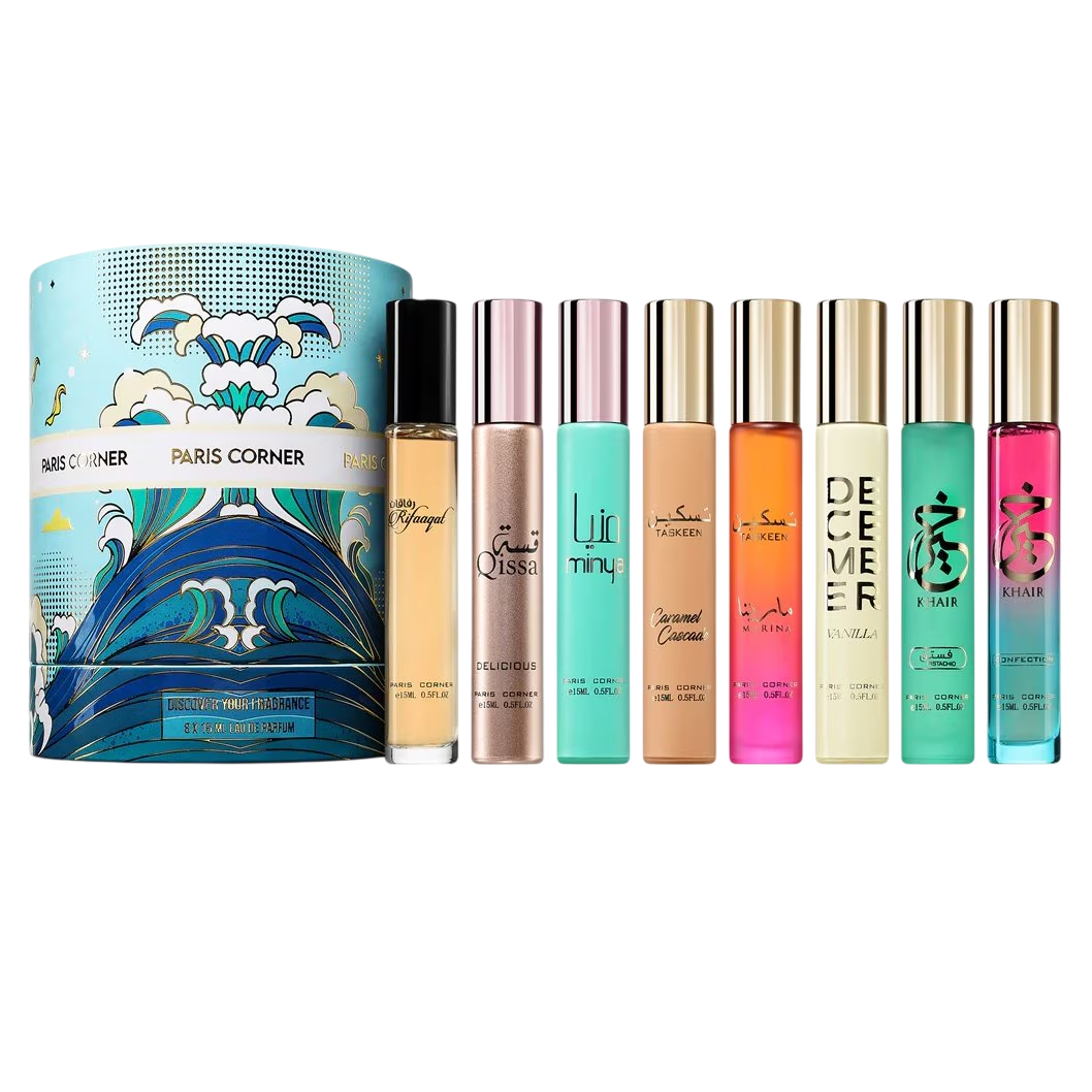 Σετ Paris Corner: Taskeen Marina, Eau De Parfum, Unisex, 15 ml + Taskeen Caramel Cascade, Eau De Parfum, Unisex, 15 ml + December Vanilla, Eau De Parfum, Unisex, 15 ml + Khair Confection, Eau De Parfum, Unisex, 15 ml + Khair Pistachio, Eau De Parfum