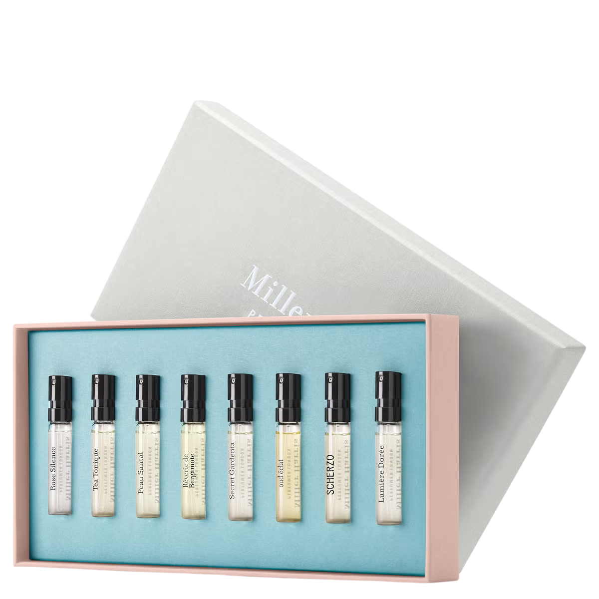 Discovery Set Miller Harris: Scherzo, Eau De Parfum, Unisex, 2 ml *Vial + Rose Silence, Eau De Parfum, Γυναικείο, 2 ml *Vial + Coeur De Jardin, Eau De Parfum, Γυναικείο, 2 ml *Vial + Tea Tonique, Eau De Parfum, Unisex, 2 ml *Vial + Peau Santal, Eau De Par