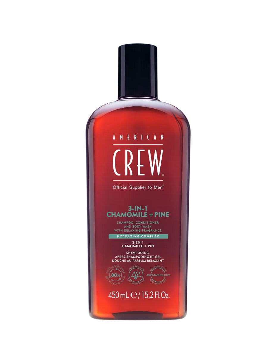 American Crew, 3-In-1 Tea Tree, Chamomile & Pine, Σαμπουάν, Κρέμα Μαλλιών & Αφρόλουτρο 3-In-1, Ενυδατικό, 450 ml