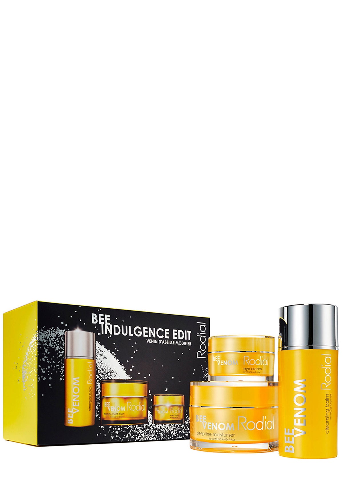 Bee Indulgente Edit Set Rodial: Bee Venom, Ενυδατική, Κρέμα Προσώπου, 50 ml + Bee Venom, Λάμψης, Κρέμα Ματιών, 25 ml + Bee Venom, Καθαρισμού, Cleansing Balm, Για το Πρόσωπο, 100 ml