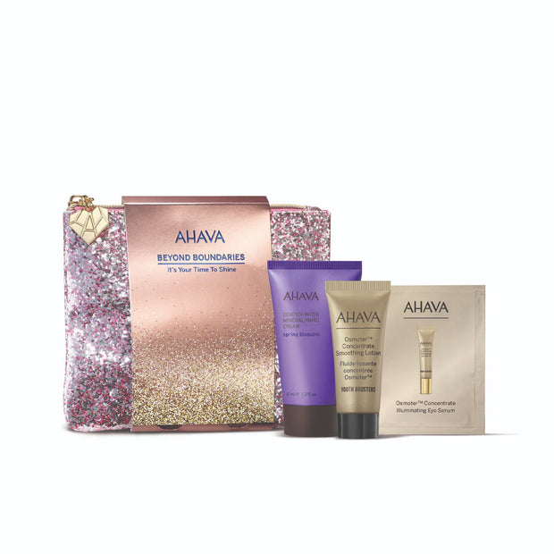 It's Your Time to Shine Σετ Ahava: Osmoter Concetrate, Smoothing, Lotion, Για το Πρόσωπο, 15 ml + Osmoter Concetrate, Λαμπερό, Eye Ορός, 2 ml *Sample + Deadsea Water Mineral, Hydration, Κρέμα Χεριών, Floral, 40 ml + Ahava, GWP Textile Pouch