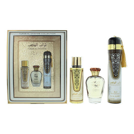 Set Ard Al Zaafaran: Turab Al Dhahab, Eau De Parfum, Γυναικείο, 100 ml + Turab Al Dhahab, Αποσμητικό Spray, Ανδρικό, 250 ml + Turab Al Dhahab, Room Spray, 300 ml