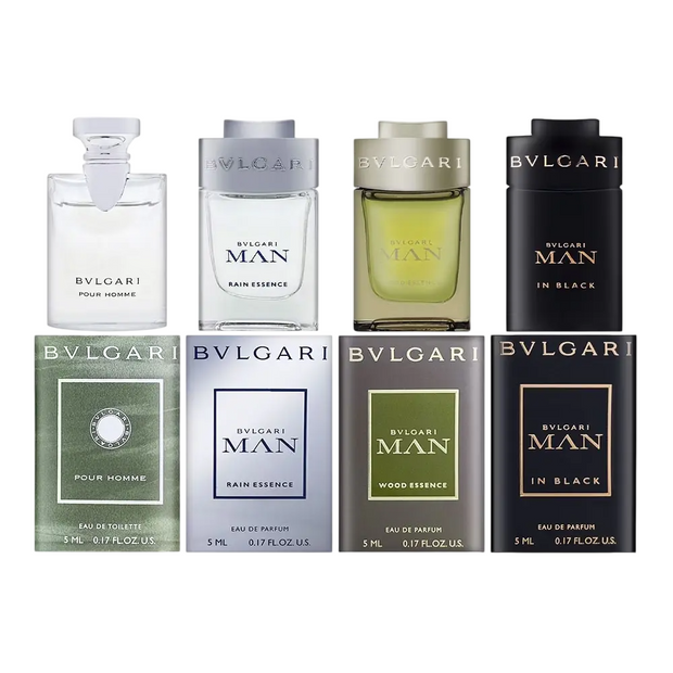 Σετ Bvlgari: Pour Homme, Eau De Toilette, Για Άνδρες, 5 ml *Miniature + Rain Essence, Eau De Parfum, Για Άνδρες, 5 ml + Man Wood Essence, Eau De Parfum, Για Άνδρες, 5 ml *Miniature + Man In Black, Eau De Parfum, Για Άνδρες, 5 ml *Miniature