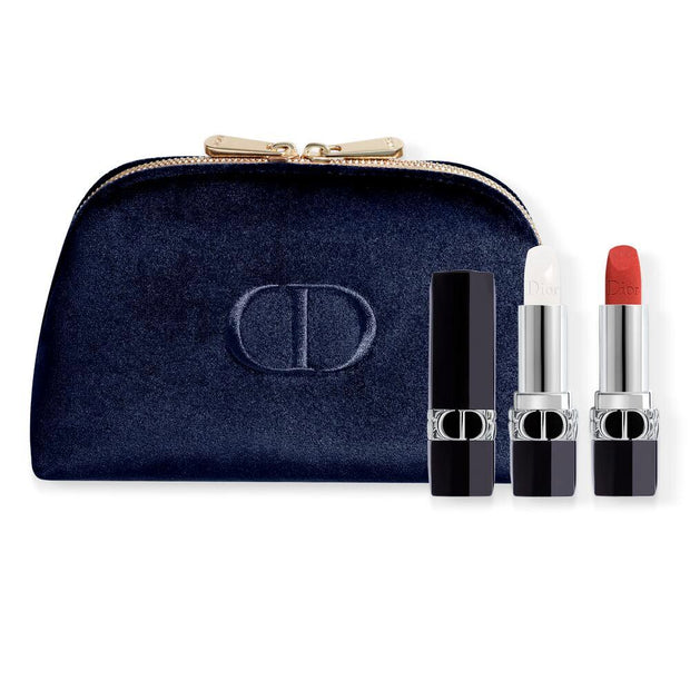 Σετ Christian Dior: Couture Colour, Velvet, Κραγιόν, 720, Icone, Επαναγεμιζόμενο, 3.5 ml + Couture Colour, Βάλσαμο Χειλιών, 000, Diornatural, Refill, 3.5 g + Υφασμάτινο Νεσεσέρ Μακιγιάζ, Blue