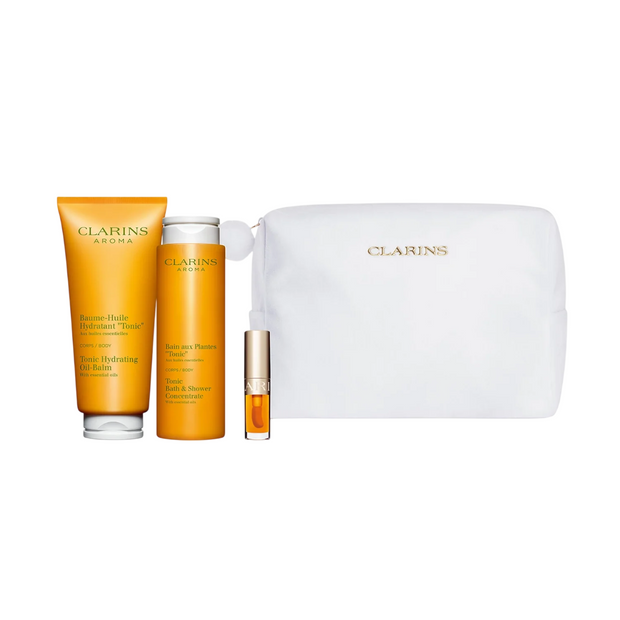 Σετ Clarins: Aroma, Essential Oils, Ενυδατικό, Body Oil, 200 ml + Aroma, Essential Oils, Αφρόλουτρο, All Over The Body, 200 ml + Lip Confort, Λάδι Χειλιών, 01, 1.4 ml *Miniature + Clarins, Zippered, GWP Textile Pouch, White