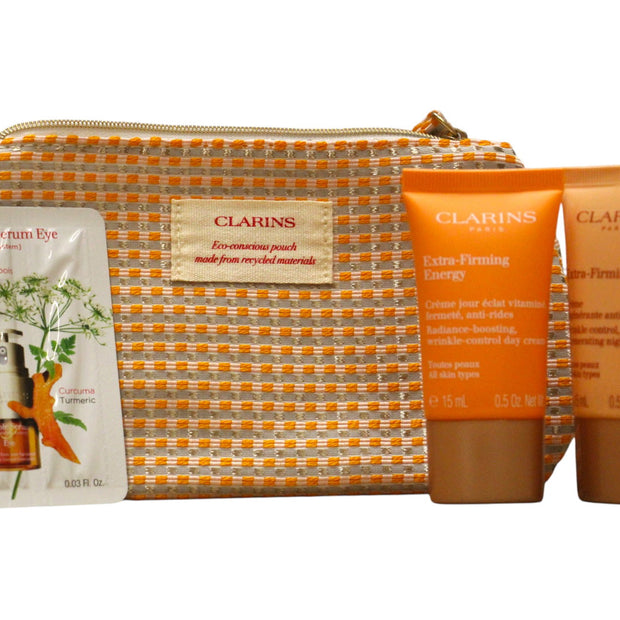 Σετ Clarins: Double Eye, Αντιγήρανσης, Eye Ορός, 0.9 ml *Sample + Extra-Σύσφιξης Energy, Anti-Wrinkle, Day, Cream, Για το Πρόσωπο, 15 ml + Extra-Σύσφιξης, Collagen, Σύσφιξης, Night, Cream, Για το Πρόσωπο, 15 ml + Clarins, GWP Textile Pouch