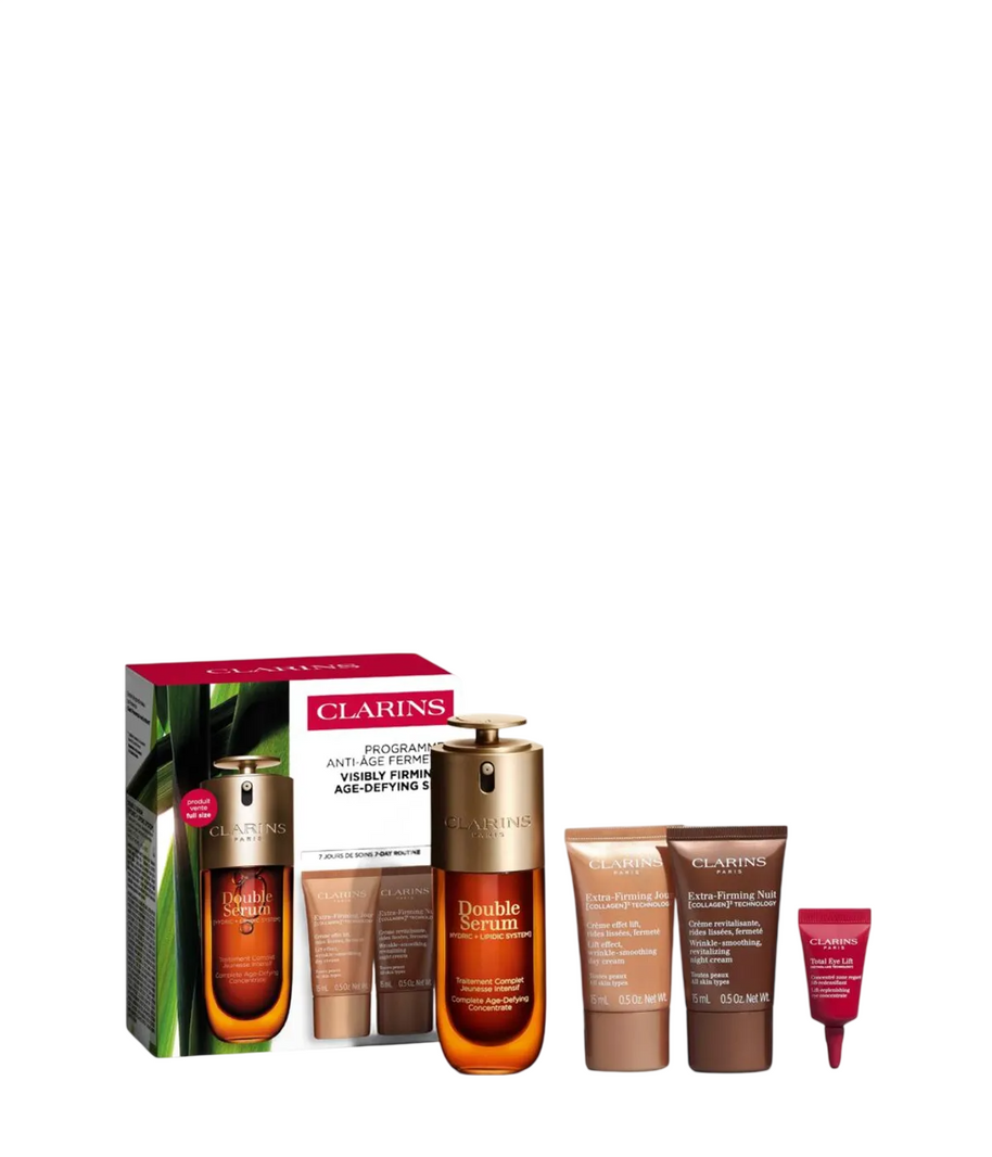 Set Clarins: Double Serum, Age-Defying, Daily, Ορός Προσώπου, 50 ml + Extra-Σύσφιξης, Σύσφιξης, Κρέμα Ημέρας Για το Πρόσωπο, 15 ml + Extra-Σύσφιξης, Collagen, Σύσφιξης, Κρέμα Νύχτας Για το Πρόσωπο, 15 ml + Total Eye, Lifting & Σύσφιξης, Κρέμα Ματιών, 3 ml