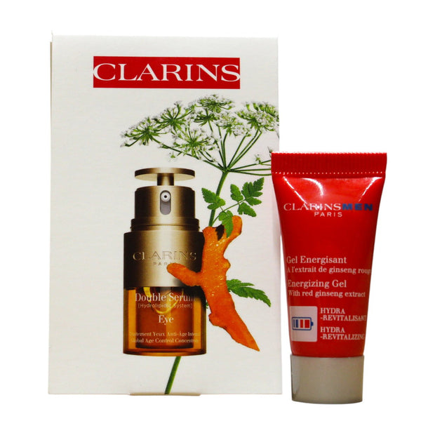 Σετ Clarins: Men, Energising, Ημέρας & Νύχτας, Gel, Για το Πρόσωπο, 5 ml *Miniature + Double Eye, Αντιγήρανσης, Eye Ορός, 3 ml *Miniature + Clarins, GWP Textile Pouch, Blue