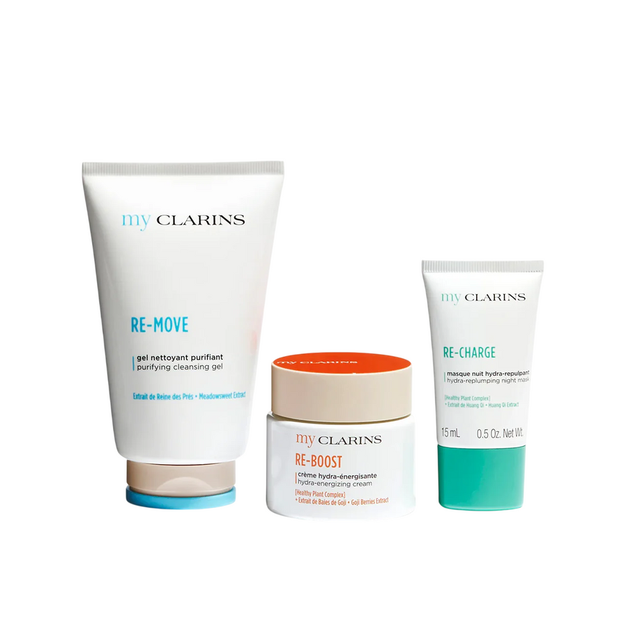 Σετ Clarins: My Clarins Re-Boost, Ενυδατικό, Τόνωσης, Morning, Κρέμα Προσώπου, 50 ml + My Clarins Re-Charge, Ενυδατικό, Μάσκα Νυκτός, 15 ml + My Clarins Re-Move, Καθαριστικό, Gel Καθαρισμού, Για το Πρόσωπο, 125 ml