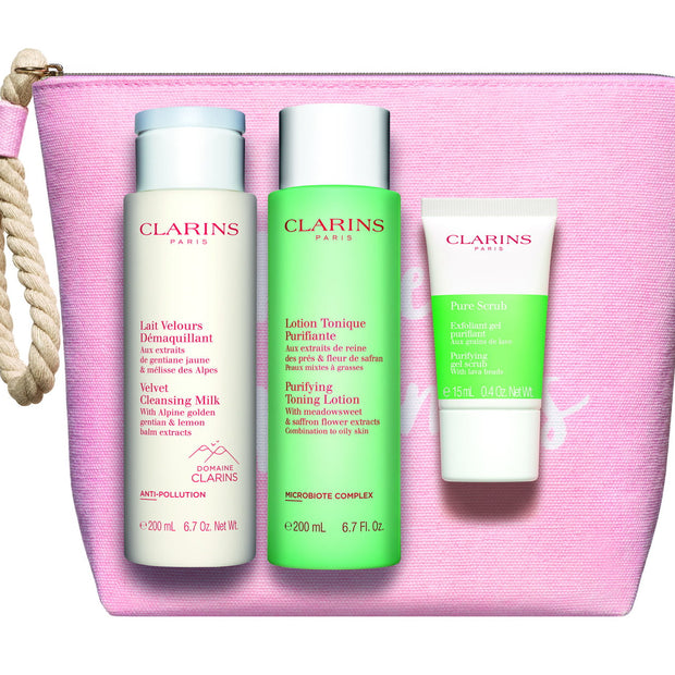Set Clarins: Pure, Exfoliating Scrub, 15 ml + Velourse, Anti-Pollution, Cleansing Milk, For Face, 200 ml + Purifying, Alcohol-Free, Purifying, Tonic Lotion, For Face, 200 ml