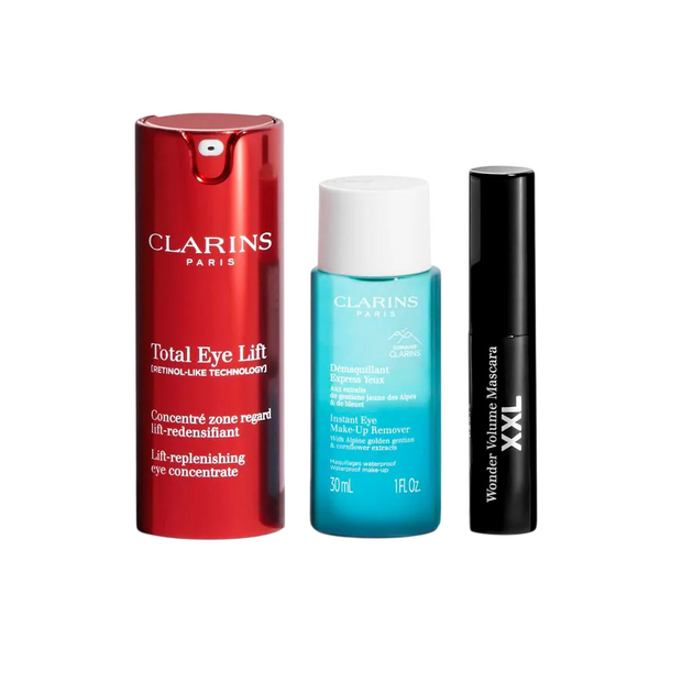 Σετ Clarins: Total Eye, Lift, Day, Ορός Ματιών, 15 ml + Instant Eye, Makeup Remover Lotion, 30 ml + Wonder Volume, Volumising, Μάσκαρα, Black, 3 ml *Miniature
