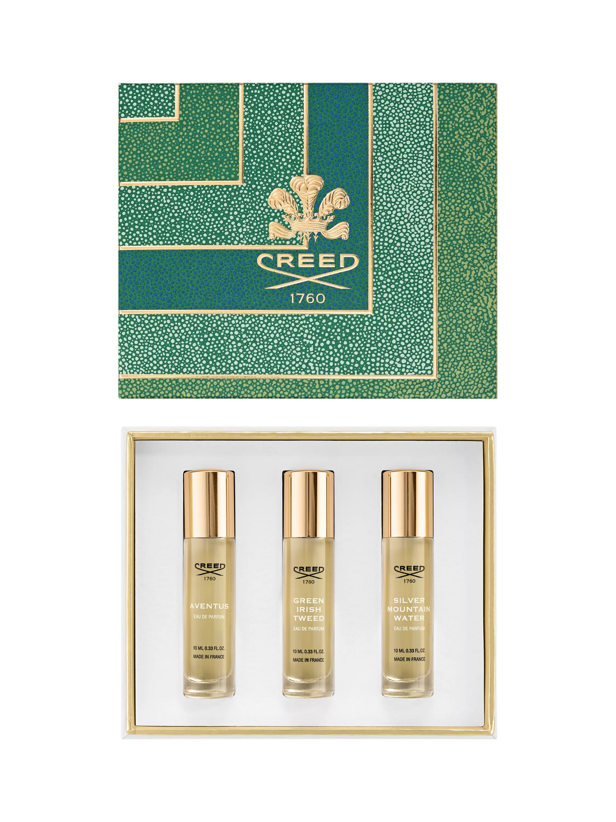 Σετ Creed: Aventus, Eau De Parfum, Για Άνδρες, 10 ml + Green Irish Tweed, Eau De Parfum, Για Άνδρες, 10 ml + Silver Mountain Water, Eau De Parfum, Για Άνδρες, 10 ml