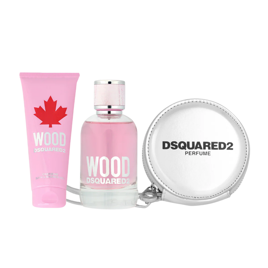 Σετ Dsquared 2: Wood, Eau De Toilette, Για Γυναίκες, 100 ml + Wood, Αφρόλουτρο, 100 ml + Dsquared, GWP Textile Pouch, Silver