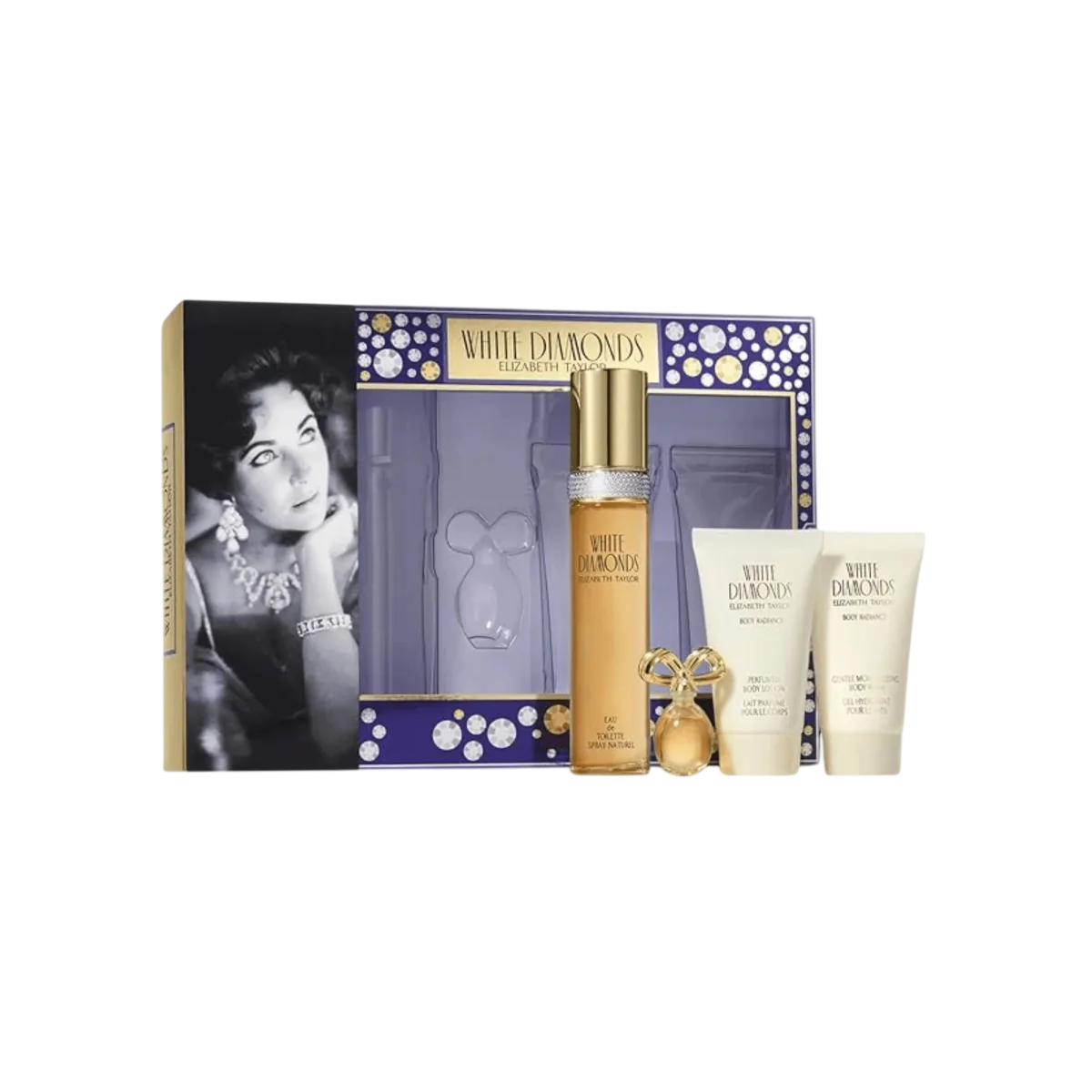 Σετ Elizabeth Taylor: White Diamonds, Eau De Toilette, Για Γυναίκες, 50 ml + White Diamonds, Parfum, Για Γυναίκες, 3.7 ml *Miniature + White Diamonds, Ενυδατικό, Λοσιόν Σώματος, 50 ml + White Diamonds, Αφρόλουτρο, 50 ml