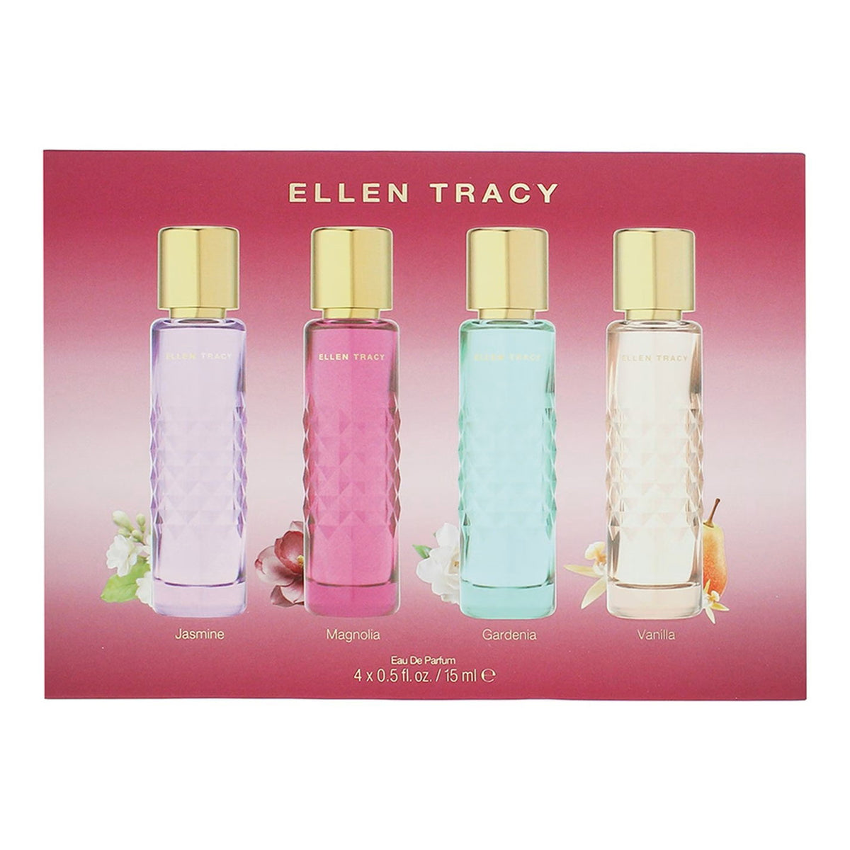 Σετ Ellen Tracy: Quilted Gardenia, Eau De Parfum, Για Γυναίκες, 15 ml + Quilted Vanilla, Eau De Parfum, Για Γυναίκες, 15 ml + Quilted Magnolia, Eau De Parfum, Για Γυναίκες, 15 ml + Quilted Jasmine, Eau De Parfum, Για Γυναίκες, 15 ml