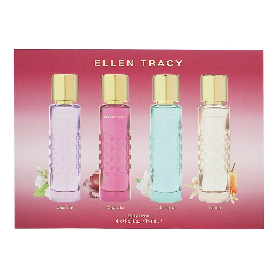 Σετ Ellen Tracy: Quilted Gardenia, Eau De Parfum, Για Γυναίκες, 15 ml + Quilted Vanilla, Eau De Parfum, Για Γυναίκες, 15 ml + Quilted Magnolia, Eau De Parfum, Για Γυναίκες, 15 ml + Quilted Jasmine, Eau De Parfum, Για Γυναίκες, 15 ml