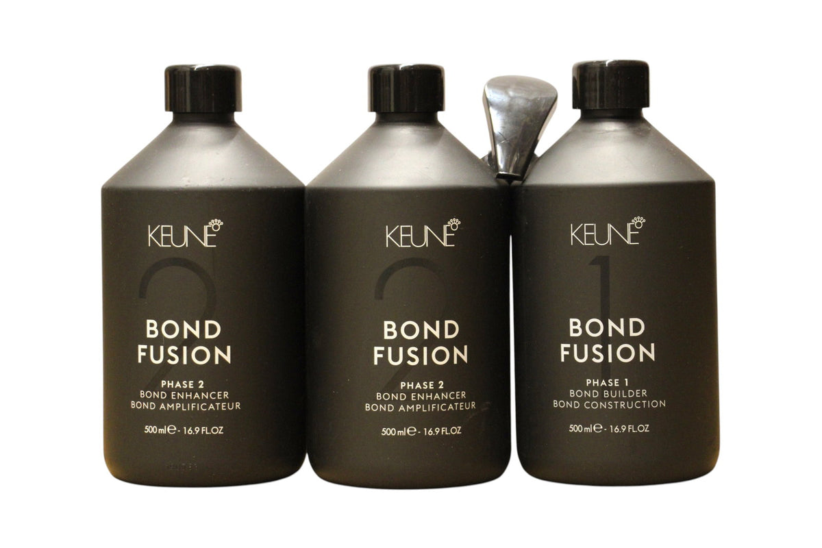 Σετ Keune: Bond Fusion Phase 1, Θεραπεία Μαλλιών Lotion Mask, Bond Repair, 500 ml + Bond Fusion Phase 2, Θεραπεία Μαλλιών Lotion Mask, Bond Enhancer, 500 ml + Measuring Plastic Cup