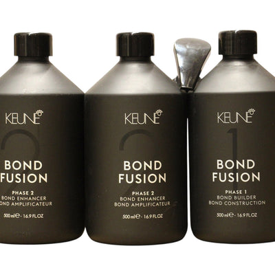 Σετ Keune: Bond Fusion Phase 1, Θεραπεία Μαλλιών Lotion Mask, Bond Repair, 500 ml + Bond Fusion Phase 2, Θεραπεία Μαλλιών Lotion Mask, Bond Enhancer, 500 ml + Measuring Plastic Cup
