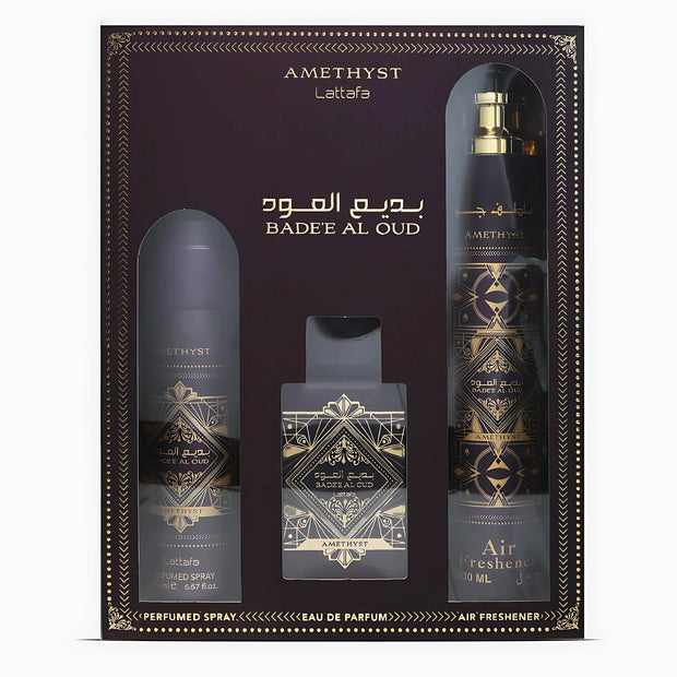 Σετ Lattafa: Bade'e al Oud Amethyst, Eau De Parfum, Για Άνδρες, 100 ml + Bade'e al Oud Amethyst, Spray Σώματος, 200 ml + Bade'e al Oud Amethyst, Room Spray, 300 ml