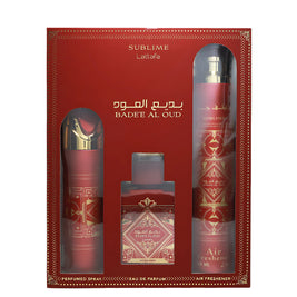 Σετ Lattafa: Bade'e Al Oud Sublime, Eau De Parfum, Για Άνδρες, 100 ml + Bade'e Al Oud Sublime, Αρωματικό Spray, Για Άνδρες, 200 ml + Bade'e Al Oud Sublime, Room Air Freshener, 300 ml