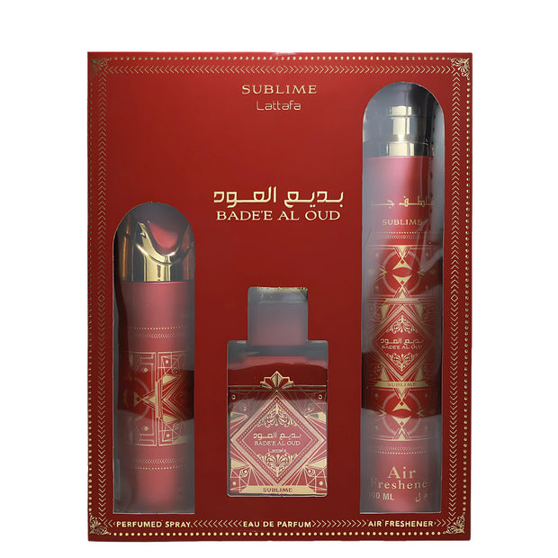 Σετ Lattafa: Bade'e Al Oud Sublime, Eau De Parfum, Για Άνδρες, 100 ml + Bade'e Al Oud Sublime, Αρωματικό Spray, Για Άνδρες, 200 ml + Bade'e Al Oud Sublime, Room Air Freshener, 300 ml