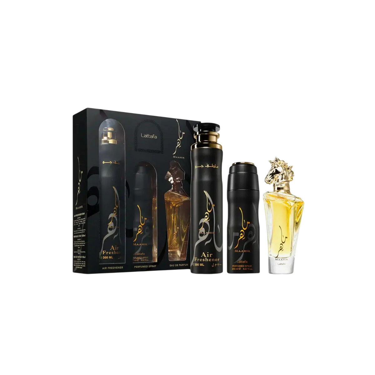 Σετ Lattafa: Maahir, Eau De Parfum, Unisex, 100 ml + Maahir, Αρωματικό Spray, Unisex, 200 ml + Maahir, Room Spray, 300 ml