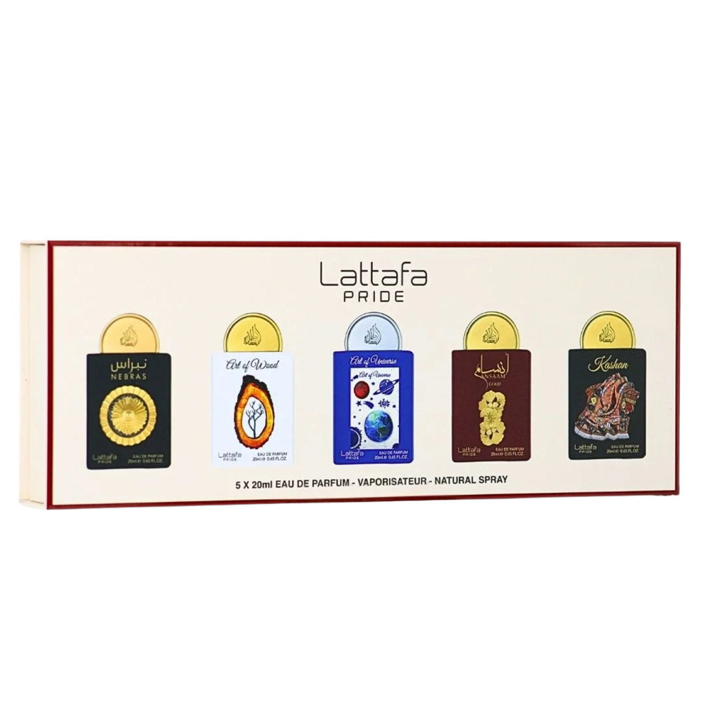 Σετ Lattafa: Nebras, Eau De Parfum, Για Γυναίκες, 20 ml + Art Of Wood, Eau De Parfum, Για Γυναίκες, 20 ml + Art Of Universe, Eau De Parfum, Για Γυναίκες, 20 ml + Ansaam Gold, Eau De Parfum, Για Γυναίκες, 20 ml + Kashan, Eau De Parfum, Για Γυναίκες, 2