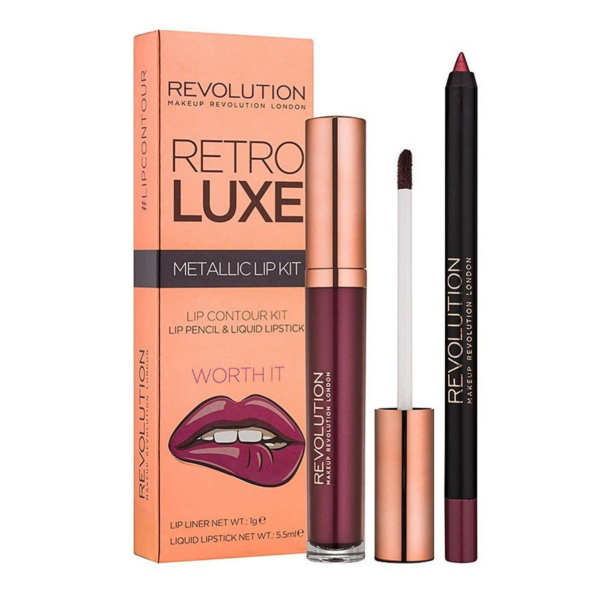 Σετ Makeup Revolution: Retro Luxe, Metallic, Υγρό Κραγιόν, Worth It, 5.5 ml + Retro Luxe, Μολύβι Χειλιών, Worth It, 1 g