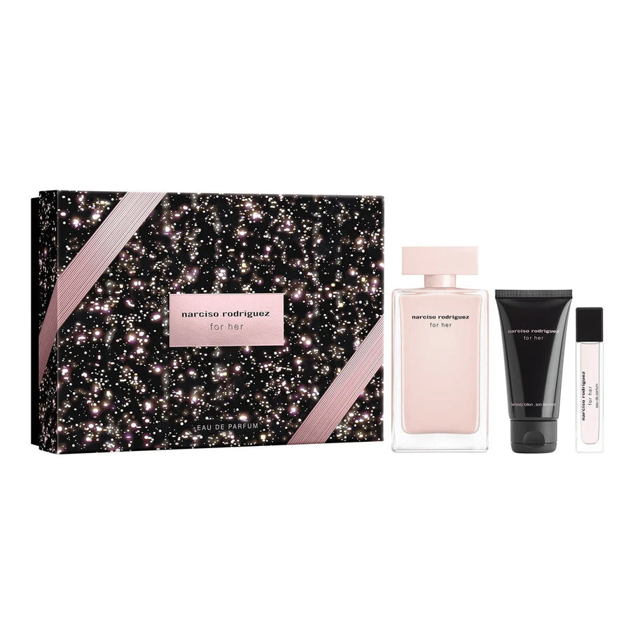 Σετ Narciso Rodriguez: For Her, Eau De Parfum, Για Γυναίκες, 100 ml + For Her, Ενυδατικό, Λοσιόν Σώματος, 50 ml + For Her, Eau De Parfum, Για Γυναίκες, 10 ml