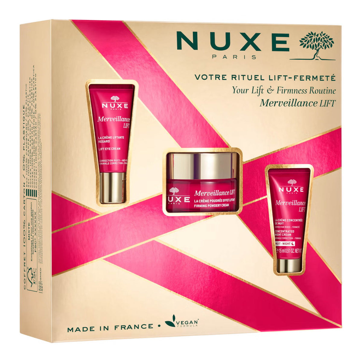 Σετ Nuxe: Merveillance Expert, Lifting & Σύσφιξης, Κρέμα Προσώπου, 50 ml + Merveillance Lift, Vegan, Lifting & Σύσφιξης, Κρέμα Ματιών, 15 ml + Merveillance Lift, Vegan, Lifting & Σύσφιξης, Κρέμα Νύχτας Για το Πρόσωπο, 15 ml