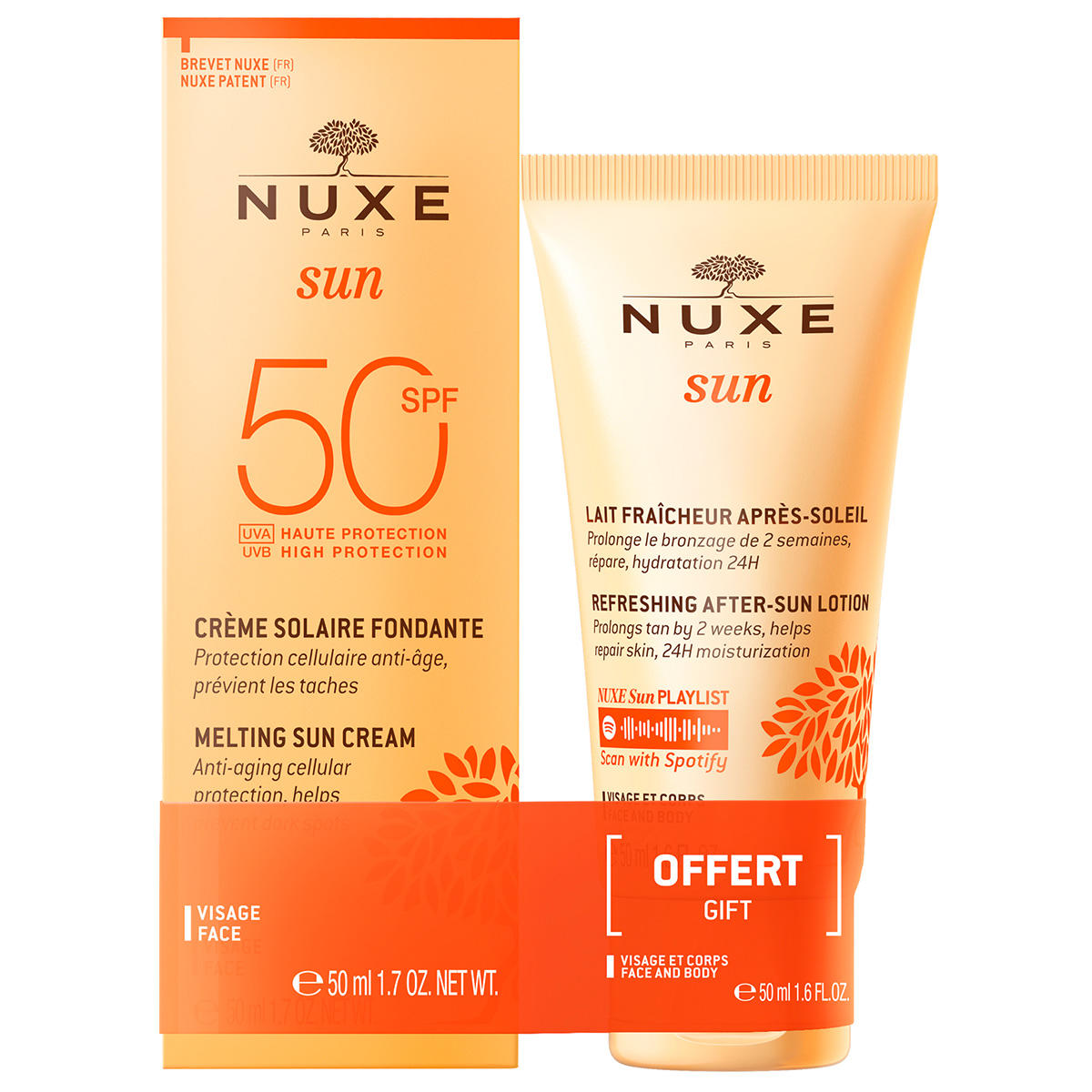 Σετ Nuxe: Sun, UV Protection, Αντηλιακή Κρέμα, Για το Πρόσωπο, SPF 50, 50 ml + Sun, Αντηλιακή Προστασία, Λοσιόν Για Μετά τον Ήλιο, 50 ml