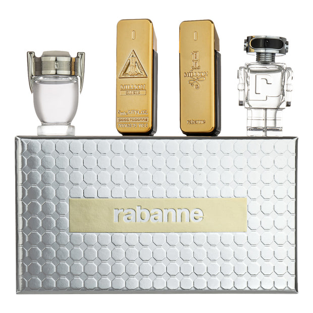 Set Paco Rabanne: 1 Million Elixir, Parfum, Ανδρικό, 5 ml *Miniature + Phantom, Eau De Toilette, Ανδρικό, 5 ml *Miniature + Invictus, Eau De Toilette, Ανδρικό, 5 ml *Miniature + 1 Million, Eau De Toilette, Ανδρικό, 5 ml *Miniature