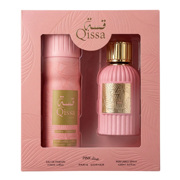 Σετ Paris Corner: Qissa Pink, Eau De Parfum, Για Γυναίκες, 100 ml + Qissa Pink, Αποσμητικό Spray, Για Γυναίκες, 200 ml