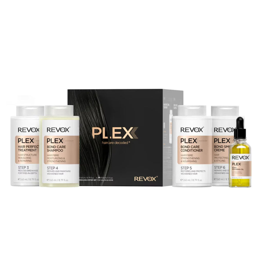 Σετ Revox B77: Plex Bond Step 3, Hair Cream Treatment, Anti-Breakage, 260 ml + Plex Bond Step 4, Σαμπουάν, For Strengthening, 260 ml + Plex Bond Step 5, Κρέμα Μαλλιών, Restores, 260 ml + Plex Bond Step 6, Hair Cream Treatment, Repairing, 260 ml + P