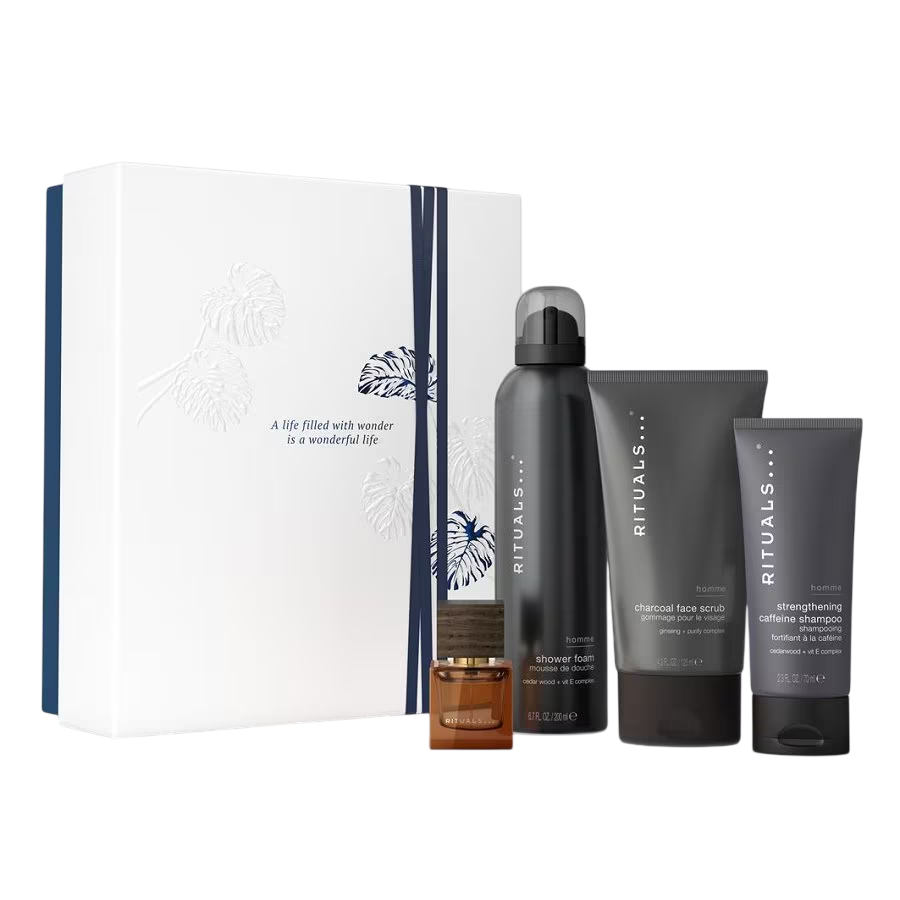 Σετ Rituals: L'Essentiel, Eau De Parfum, Για Άνδρες, 50 ml + Homme, Caffeine, Σαμπουάν, For Strengthening, 70 ml + Homme, Charcoal, Καθαρισμού, Scrub Καθαρισμού, Για το Πρόσωπο, 125 g + Homme, Invigorating, Shower Mousse, 200 ml