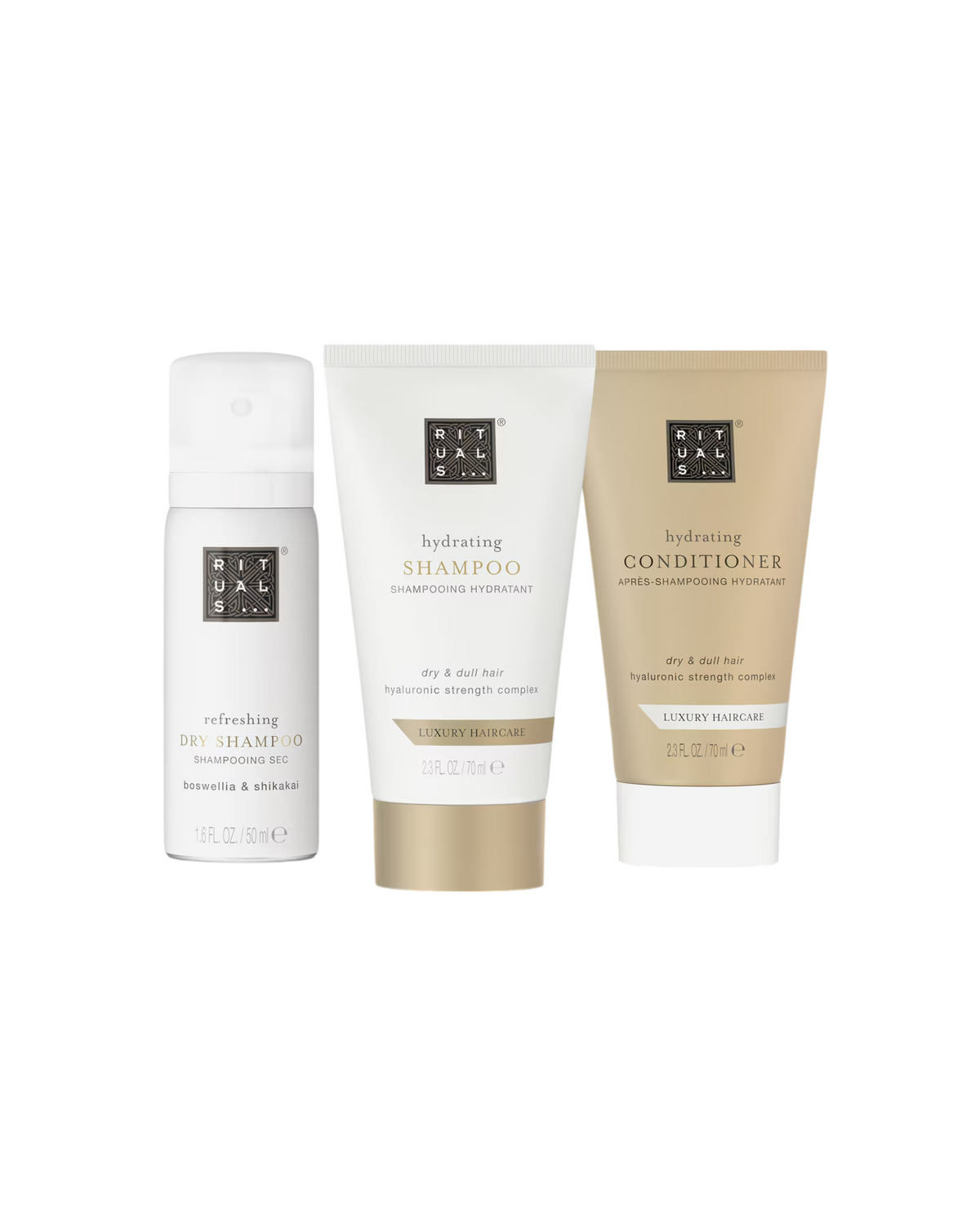 Σετ Rituals: Luxury Hair Care, Σαμπουάν, Ενυδατικό, 70 ml + Luxury Hair Care, Κρέμα Μαλλιών, Ενυδατικό, 70 ml + Rituals, Hair Dry Σαμπουάν, Refreshing, 50 ml