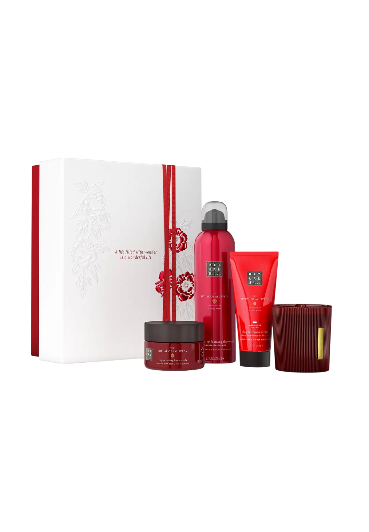 Σετ Rituals: The Ritual Of Ayurveda, Αναζωογονητικό, Scrub Σώματος, 125 g + The Ritual Of Ayurveda, Balancing, Κρέμα Σώματος, 100 ml + The Ritual Of Ayurveda, Floral, Αρωματικό Κερί, 140 g + The Ritual Of Ayurveda, Shower Mousse, 200 ml