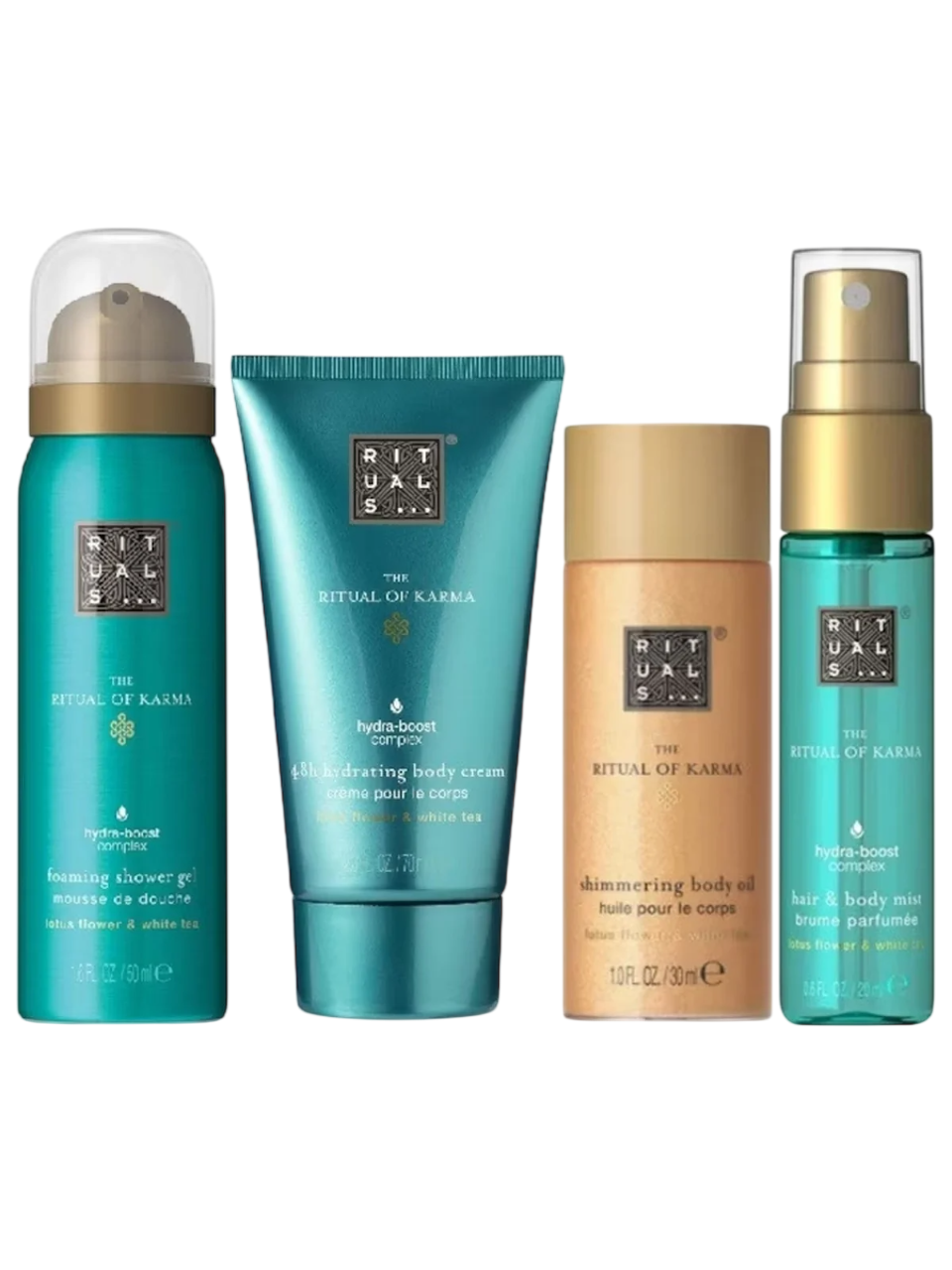 Σετ Rituals: The Ritual Of Karma, Shower Mousse, 50 ml + The Ritual Of Karma, Shimmer, Έλαιο Σώματος, 30 ml + The Ritual Of Karma, Ενυδατικό, Κρέμα Σώματος, 70 ml + The Ritual Of Karma, Αρωματικό Mist Μαλλιών, Για Γυναίκες, 20 ml
