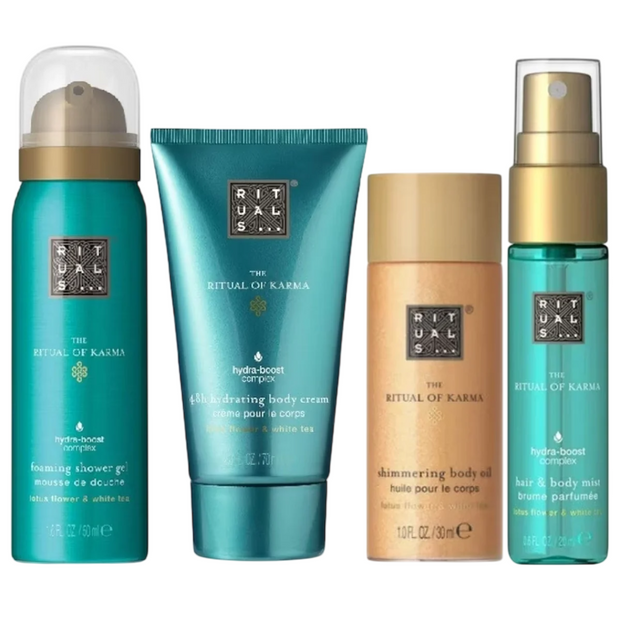 Σετ Rituals: The Ritual Of Karma, Shower Mousse, 50 ml + The Ritual Of Karma, Shimmer, Έλαιο Σώματος, 30 ml + The Ritual Of Karma, Ενυδατικό, Κρέμα Σώματος, 70 ml + The Ritual Of Karma, Αρωματικό Mist Μαλλιών, Για Γυναίκες, 20 ml