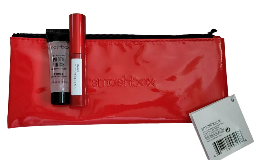 Deluxe Trial Size Set Smashbox: Super Fan, Volumizing, Mascara, Black, 5 ml + Photo Finish, Smoothing, Liquid Primer, 7.1 ml + Textile Makeup Bag, Red