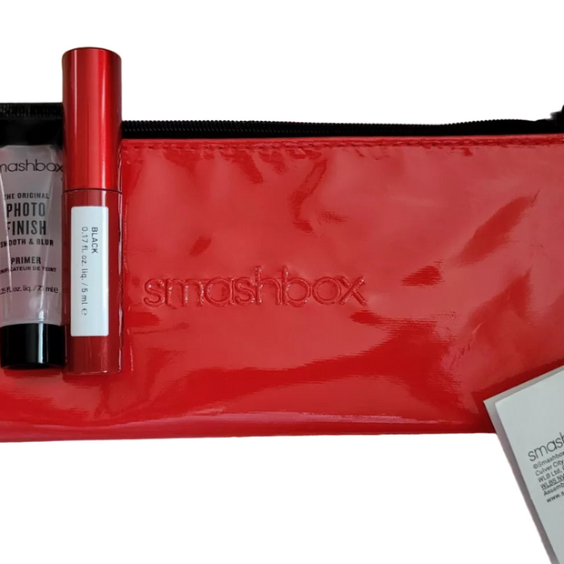 Deluxe Trial Size Σετ Smashbox: Super Fan, Volumizing, Μάσκαρα, Black, 5 ml + Photo Finish, Λείανσης, Liquid Primer, 7.1 ml + Υφασμάτινο Νεσεσέρ Μακιγιάζ, Red
