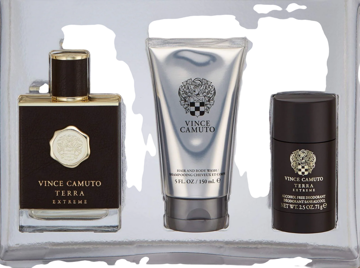 Σετ Vince Camuto: Terra Extreme, Eau De Toilette, Για Άνδρες, 100 ml + Terra Extreme, Αντιιδρωτικό Αποσμητικό Stick, Για Άνδρες, 71 g + Terra Extreme, Αφρόλουτρο & Σαμπουάν 2-Σε-1, 150 ml