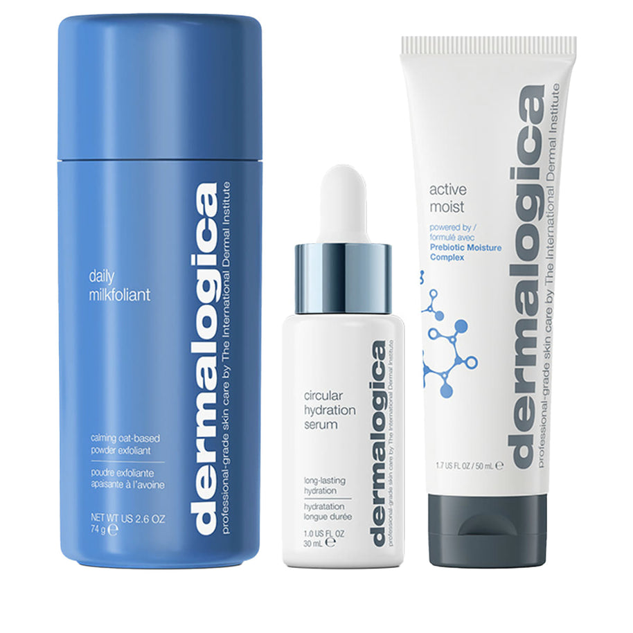 Smooth + Hydrate Set Dermalogica: Daily Milkfoliant, Exfoliating, Exfoliating Powder, 74 g + Active Moist, Prebiotics, Ενυδατική, Κρέμα Προσώπου, 50 ml + Circular Hydration, Hyaluronic Acid, Ορός Προσώπου, 30 ml