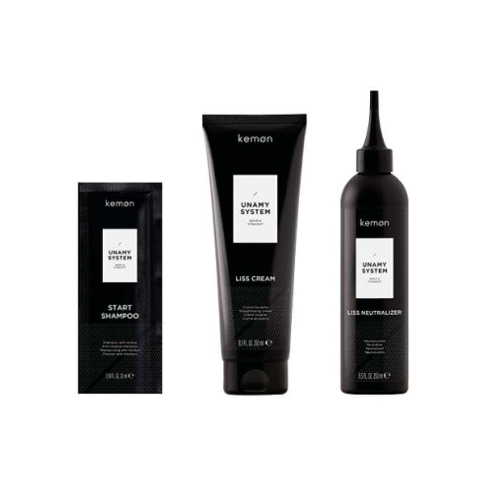 Unamy System Liss Σετ Kemon: Start, Σαμπουάν, 20 ml + Liss Cream, Θεραπεία Μαλλιών Μάσκα Σε Μορφή Κρέμας, 250 ml + Liss Neutralizer, Θεραπεία Μαλλιών Lotion Mask, 250 ml