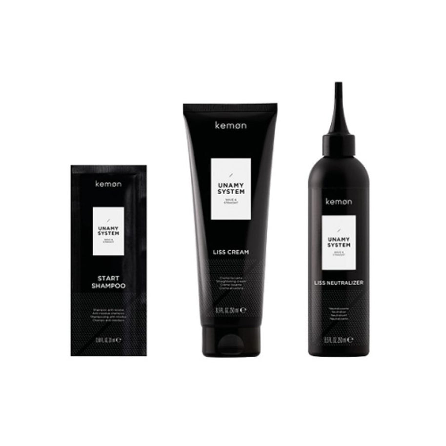 Unamy System Liss Σετ Kemon: Start, Σαμπουάν, 20 ml + Liss Cream, Θεραπεία Μαλλιών Μάσκα Σε Μορφή Κρέμας, 250 ml + Liss Neutralizer, Θεραπεία Μαλλιών Lotion Mask, 250 ml
